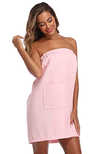 Image of Women's Bath Towel Wrap Waffle Spa Body Wrap with Adjustable Closure Quick Dry Lightweight Towel Robes with Pocket, Pink S /M