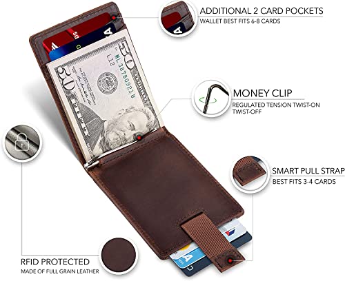 Contacts Genuine Leather Money Clip Wallet Slim Front Pocket RFID Blocking Card Holder Minimalist Mini Bifold for Men's with Smart Pull Strap 8 Card Slots Photo ID (Brown) 3 419lE3mW2DL