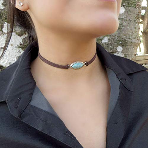 Tgirls Boho Turquoise Necklace Manual Leather Suede Chain Choker Necklaces for Women and Girls