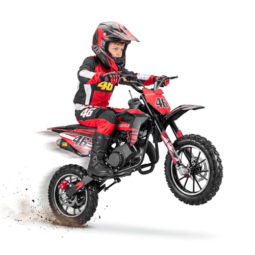 TAKEAUFLY 50CC Kids Dirt Bike, Gas Powered Mini Motorcycle with Automatic Clutch, Dual Disc Brakes, Full Suspension, Dual Exhaust, 10" Off-Road Tires for Ages 5-10 (Red)