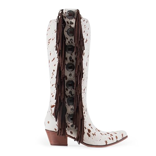 Cow Print Western Boots for Women Fringe Tall Cowboy Boots All Season Mid Heel Country Style Riding Boots with Side Zipper3