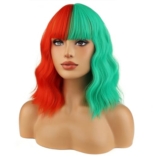 BERON 14 Inches Half Red Half Green Wig with Bangs Short Wavy Wig Green Red Wigs for Christmas Party