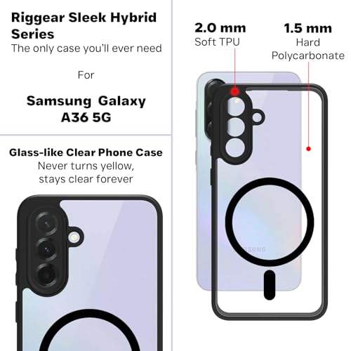 Image of RIGGEAR Shockproof Sleek Hybrid Armor Magnetic Back Cover Case Compatible with MagSafe Accessories for Samsung Galaxy A36 5G (Clear PC + Black TPU Bumper)