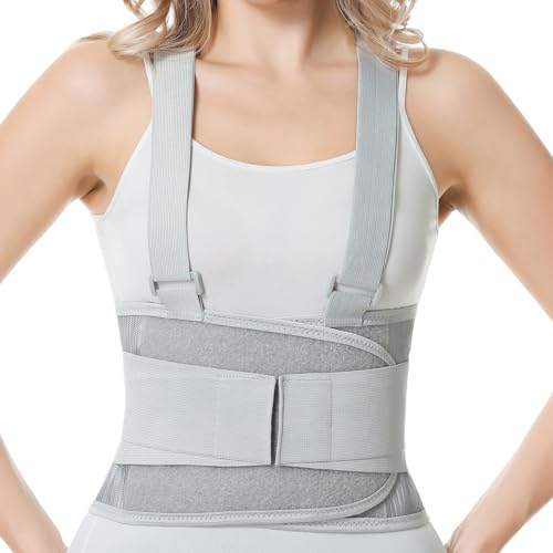 NeoTech Care Back Brace with Suspenders/Shoulder Straps - Light & Breathable - Lumbar Support Belt for Lower Back Pain - Posture, Work, Gym - Grey Color (Size S)