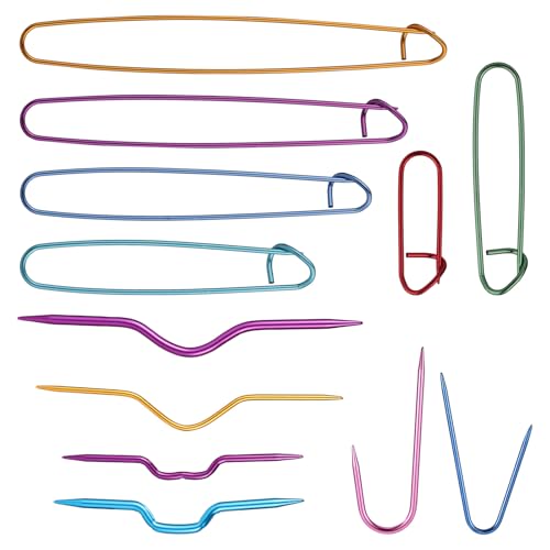 12pcs Knitting Stitch Holders and Cable Needles Set Multi-Color Aluminum Stitch Holder with Bent Needles Knitting Tool Accessories for Sewing Weaving Sweaters Yarn Crafts