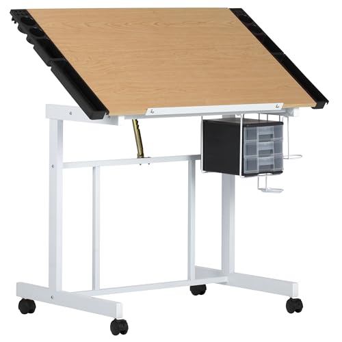 Studio Designs Deluxe Craft Station, Top Adjustable Drafting Table Craft Table Drawing Desk Hobby Table Writing Desk Studio Desk with Drawers, 36''W x 24''D, White / Maple