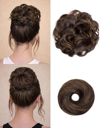 HSLHDI 2PCS Messy Bun Hair Piece-Large Wavy Curly & Donut Updo Hair Pieces Set Scrunchies Synthetic Chignon Ponytail Extensions Thick Updo for Women(Dark Brown Mixed Light Brown)