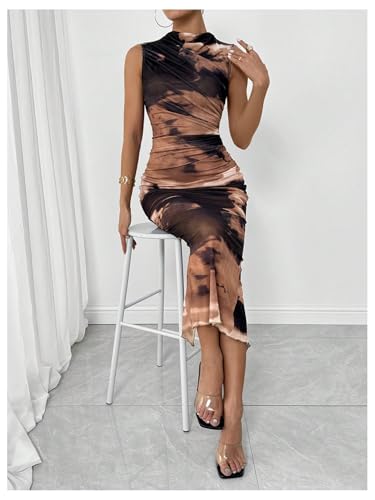 Image of Milumia Women's Printed Mock Neck Bodycon Maxi Dress Sleeveless Mesh Long Dress Party Cocktail