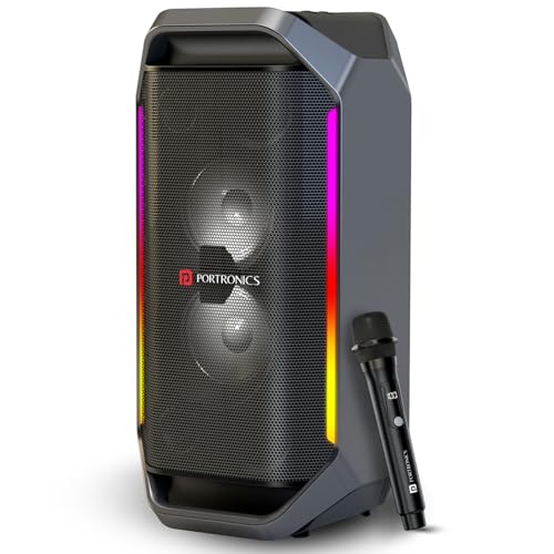Image of Portronics Dash 13 150W Portable Party Speaker with Wireless Karaoke Mic, 6 Hours Playtime, Bass Boost Technology, TWS Mode, RGB LED Lights, BT V5.3, USB /AUX in, Sturdy Metal Handles, Type C Charging