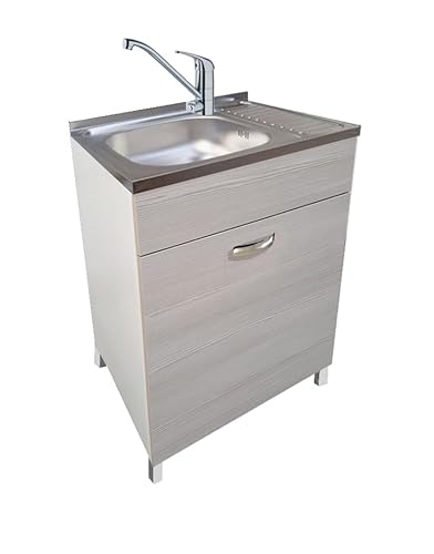 MABEL Mueble bajo fregadero de cocina Olmo gris 1 puerta organizador de madera ennoblecida con fregadero de apoyo de acero – L 60 cm x P 50 cm x H 85 cm
