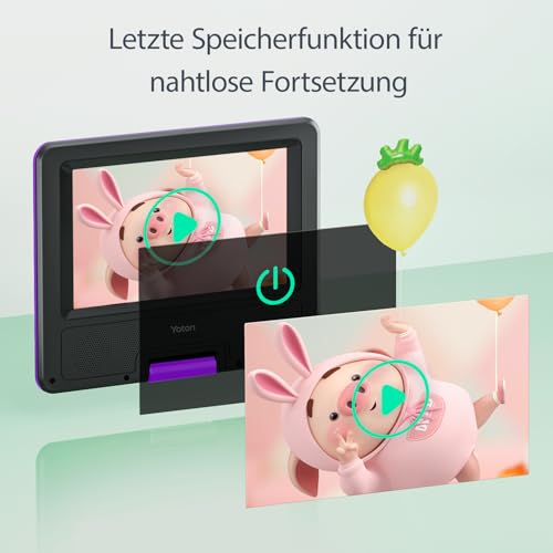 Yoton 9,5\ Tragbarer DVD-Player für Kinder im Auto mit 7,5\ HD-Schwenk Bildschirm, Stereo-Lautsprechern, 6 Stunden Akkulaufzeit, Sync-TV/USB/SD-Karten-Unterstützung, Lila [Kein Blu-ray Support]