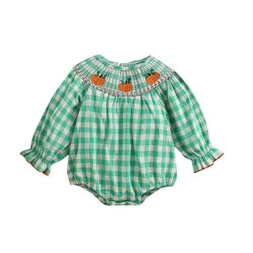 Toddler Baby Girl Halloween Romper Plaid Pumpkin Embroidery Long Puff Sleeve Smocked Romper Cotton Linen Bodysuit