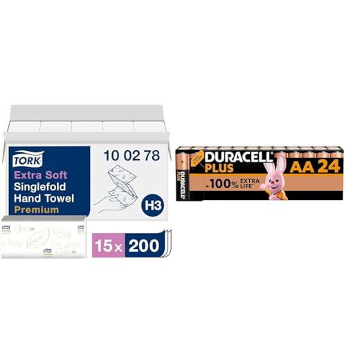 Tork extra weiche Zickzack Papierhandtücher Premium 100278 - H3 Falthandtücher für Zickzack Papierhandtuchspender - besonders saugfähig & Duracell Plus Batterien AA