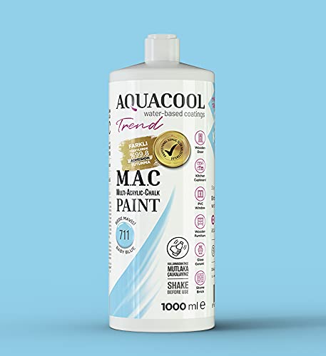 AquaCool 711 Peinture acrylique mate à séchage rapide pour intérieur et extérieur sur meubles, bois, plastique, verre, céramique, pierre 1000 ml Bleu ciel Cover