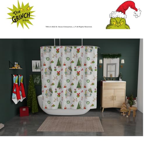 Image of Grinch Wrapping Paper Holiday Christmas 13-Piece Shower Curtain Set, 72 x 72 Inch Fabric Curtain with Hooks, Bathroom Decor, Machine Washable, (100% Officially Licensed Product) by Franco Collectibles