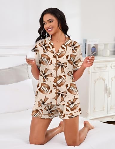 Image of SHESHOW Pajamas for Women Set Satin Button Down Short Sleeve Top and Shorts Pjs Sets Sport Ball Print Sleepwear XS-XXL