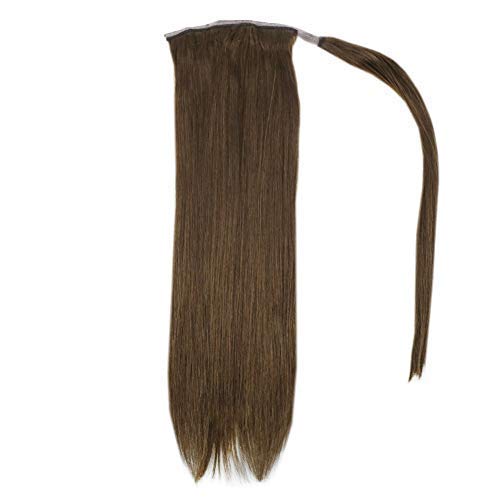 Hetto Ponytail Hair Extensions Human Hair Clip in Brown ponytail One Piece Hairpiece Magic Paste Pony Tail Extension for Women Colour 4 Dark Brown 80g 18 Inch