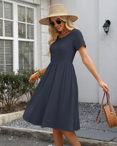 Image of COSSEN Women's 2026 Summer Midi Dress Crew Neck Short Sleeve Casual Tshirt Flowy Loose Sundress with Pockets