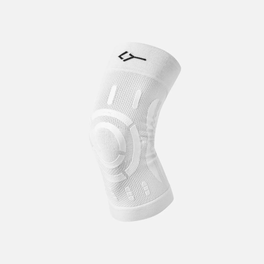 FLOKY Knee Support ginocchiera biomeccanica. Multisport. Stabilizza ginocchio e rotula. Protegge legamenti e tendine rotuleo. Supporto articolare. Riduce traumi e infezioni. (Bianco, M/​L, Destro)