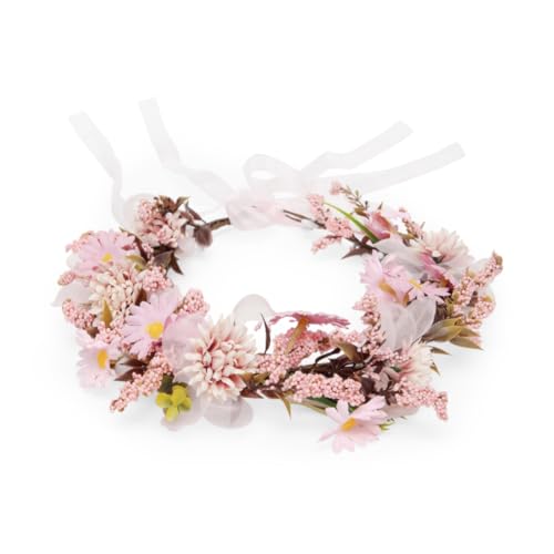 Image of Radhu & Kabby Soft Pink Floral Hair Tiara for Women | Delicate Artificial Flowers with Organza Ribbon | Dreamy Crown for Weddings, Baby Showers, Photoshoots & All Occasions | 1 Pc