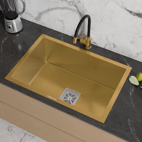 Image of HARDSTONE Premium Kitchen Sink | Single Bowl 24x18x9 Inch | Handmade Heavy Duty Stainless Steel Wash Basin with Matte Gold Finish | Includes Waste Hose Pipe, Coupling & Compact Drying Rack | Gold