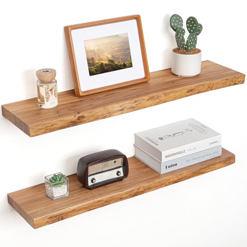 Image of Floating Shelves for Wall Decor, Rustic Solid Elm Wood Live Edge Floating Shelves Wall Mounted, Wall Shelves with Invisible Bracket for Living Room Bathroom Bedroom Kitchen, 32 Inch Set of 2, Natural