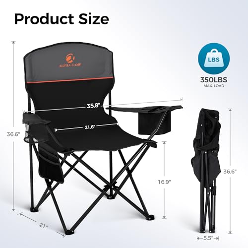 ALPHA CAMP Camping Chairs 350LBS Capacity, Heavy Duty Folding Chair with 4-Can Cooler Bag, Portable Outdoor Chair with Cup Holder for Adults, Collapsible for Tailgating, Beach, Fishing,Black - view 2