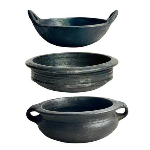 Image of Kichera Deep Burned Clay Pots for Cooking and Serving - Mud Pot Handcrafted Black Pottery Handi /Kadai Combo 1L, 2L & 3L | Pre-Seasoned Unglazed | Mitti Bartan for Rice, Biryani, Curry (Black, 6L)