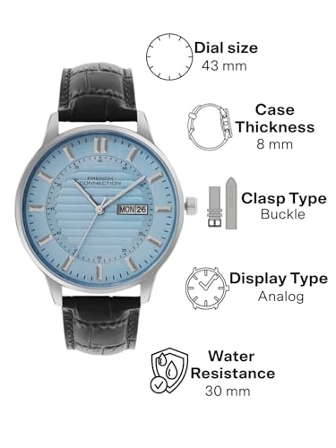 Image of French Connection Textured Sky Blue Round Dial with Black Leather Strap Watch - for Mens FCN0123BL