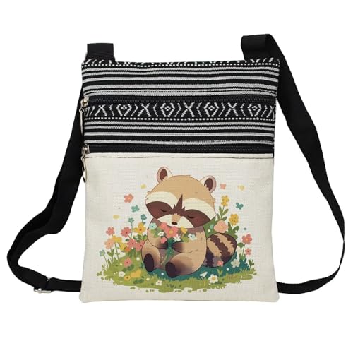 Floral Raccoon Messenger Bag Small Ethnic Pattern Printed Adjustable Strap Crossbody Zipper Bag Floral Raccoon Phone Bag Wallet Cute Shoulder Handbag for Women Friends -2
