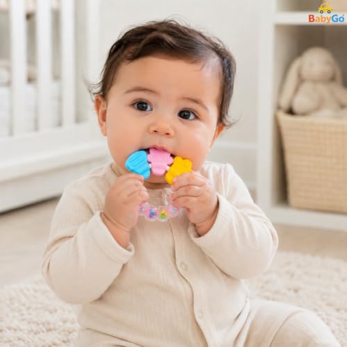Image of BabyGo Baby Rattle Teether Toy | BPA-Free Silicone Chew Soother, Safe & Gentle on Gums | Soft Natural Gum Relief Toy for Infants | Early Learning Teether Hand Grip (Pack of 1, Multicolor)