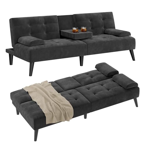Image of Futon Sofa Bed,Velvet Foldable Couch,Reclining Sleeper with Removable Armrests,Upholstered Loveseat Sofa Couch with Folding Cup Holders for Home,Black