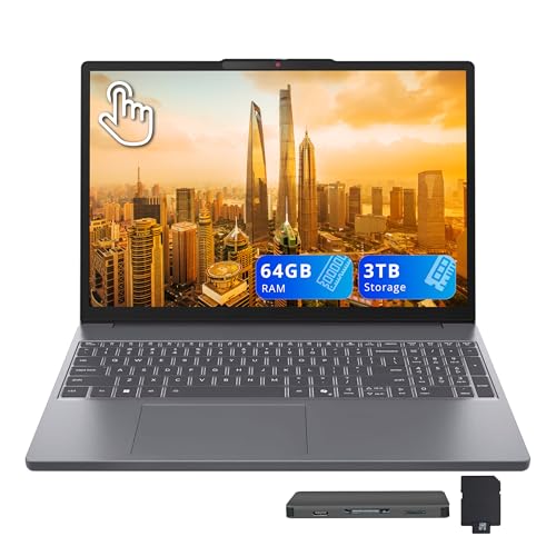 Image of Lenovo IdeaPad Slim 3 Touchscreen Laptop, 15.3 inch WUXGA IPS Display, AMD Ryzen 7 170, 64GB DDR5, 3TB Storage (2TB PCle SSD+1TB Docking Station), Copilot, Numeric Keypad, Wi-Fi 6, Win 11, Luna Grey
