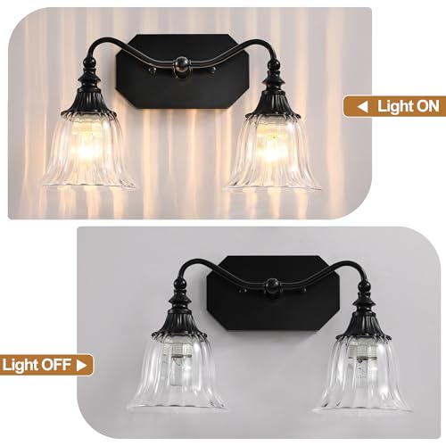 Image of LmnLvn 2-Light Bathroom Vanity Light, Matte Black with Crystal Glass Shade
