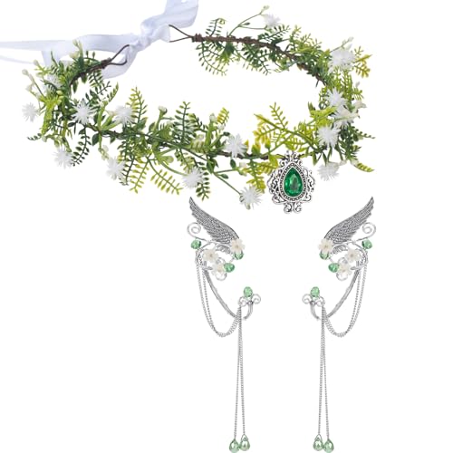 ERDOGLY Fairy Elf Ears Cuffs Costume Set, Halloween Elves Cosplay Set with Fairy Flower Crown Headpiece, Leaf Elves Wings Ear Cuff for Renaissance Costume Medieval Tiara, Silver