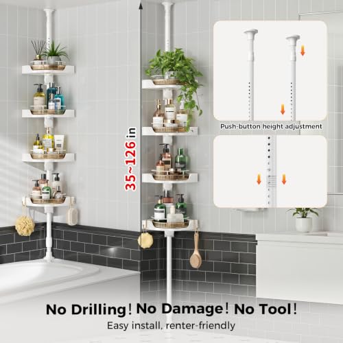 Image of akinbas 360 Rotating Shower Caddy Tension Pole with 4-Tier Rustproof Lazy Susan 35-128 Inch No Drilling Coner Shelves Adjustable Shower Rack for Bathroom Bathtub Washbasin Plant Storage (White+Gold)