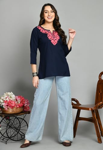 Image of QAZMI Women's Cotton,Rayon Embroidered Regular Tunic Shirt