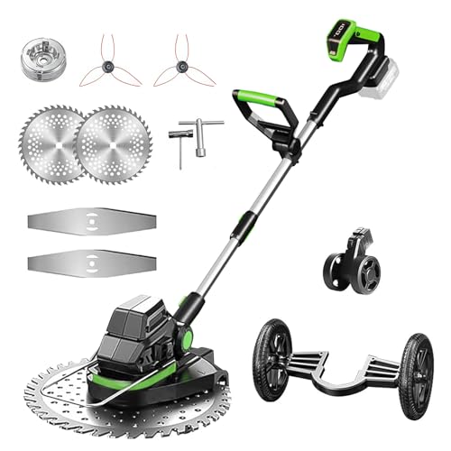 Desbrozadora 3 en 1 con batería de 630 W para Makita 18 V con 2 baterías de 4,0 Ah, 2 ruedas auxiliares, desbrozadora inalámbrica sin escobillas para césped, bordes y malas hierbas – 23 cm de ancho de