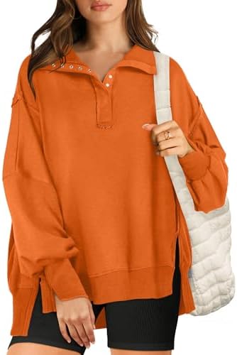 Womens Oversized Sweatshirt Casual Long Sleeve Button Henley V Neck Pullover Loose Fit Tops Trendy Fall Clothes