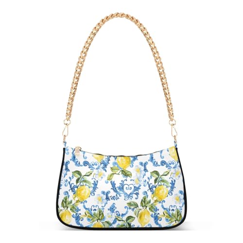Image of Shoulder Bags for Women Vintage Yellow Lemon Fruit and Blue Print Hobo Tote Handbag Small Clutch Purse with Zipper Closure