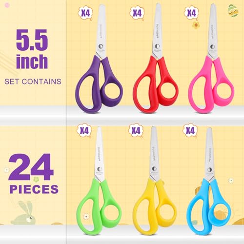 5.5" Small Scissors, 24 Pack, Blunt Tip Kids Craft Scissors, Sharp Stainless Steel Blades, Safety Soft Grip Handles, Assorted Colors