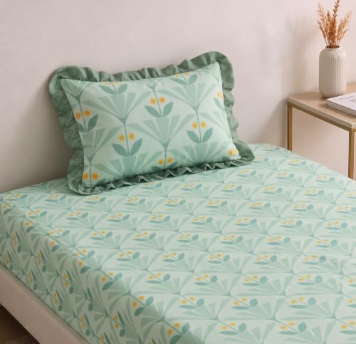 Image of BSB HOME 240 Tc Premium Single Bed Bedsheet, Soft Comfortable Bed Sheet with 2.5 Inches Frill Border, Stylish Printed Bedding for Bedroom, Elegant Bedsheet, 60 x 90 Inches - Muted Sage