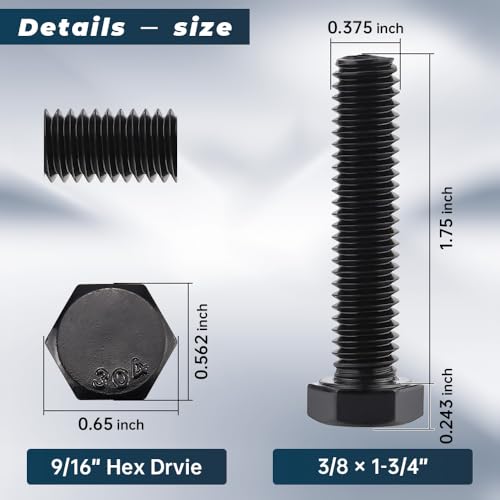 Image of Glvaner 3 /8-16 x 1-3 /4 inch Stainless Steel Hex Head Screws Bolts, Black Coated, 304 Stainless Steel 18-8, Hexagon Head Bolts, Full Thread, 10 pcs