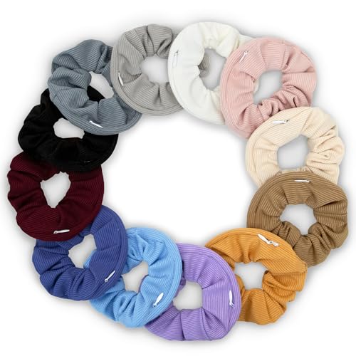 Beauty.H.C 12 Pcs Scrunchies with Zipper Pocket for Women Elastic Hair Tie with Hidden Storage Secret Compartment for Small Items Cash Keys Lipstick Bulk Colorful Scrunchie for Girls