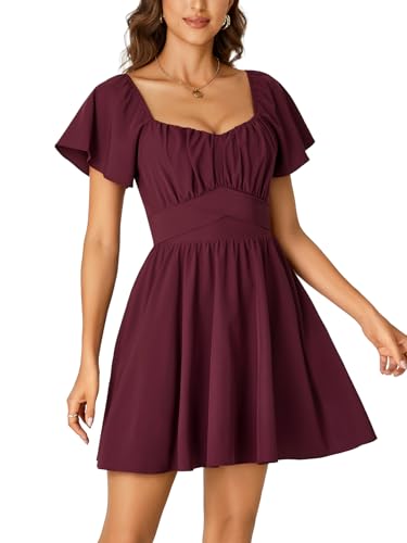 Image of Rooscier Women's Tie Back Square Neck Wrap Ruffle Short Sleeve Flare Mini Dress
