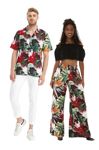 Matchable Couple Hawaiian Luau Shirt or Wide Legged Pants with Pockets in Tropical Twilight