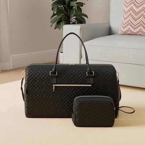 Image of Duffle Bag for Travel, Weekender Bag with Shoe Compartment, Carry On Overnight Bag for Women Gym Bag, Black Gold