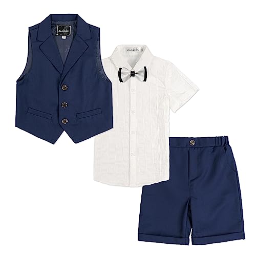 LOLANTA 4-teiliger Kinder Freizeit Anzug Set, Jungen Sommer Festlich Hochzeitsanzug, Kurzarm Hemd, Fliege, Weste, Kurze Hose, Dunkelblau, 130