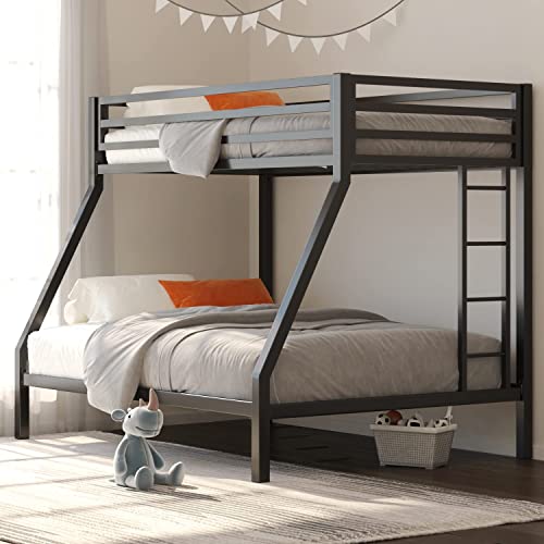 Ikalido Metal Bunk Bed for Junior, Twin Over Full Size Beds with Sturdy Guard Rail & Removable Ladder, Space-Saving/Noise Free/Matte Black