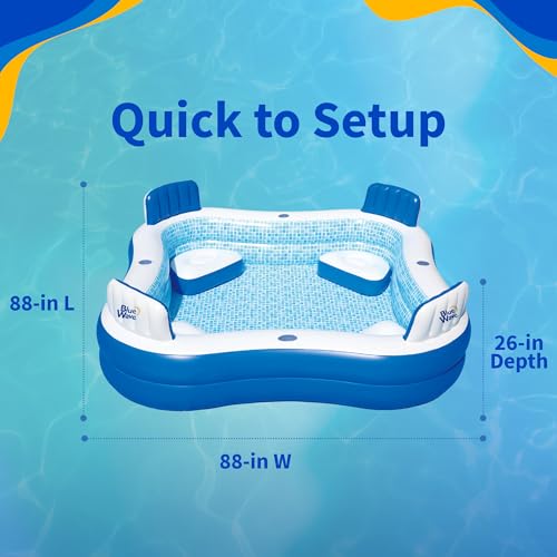 Image of Blue Wave Premier Family Inflatable Pool with Seats - 88-in x 88-in x 26-in Four-Seater Pool for Backyard Fun - Durable 4-Person Inflatable Pool with Cover, Drain Plug & Repair Patch